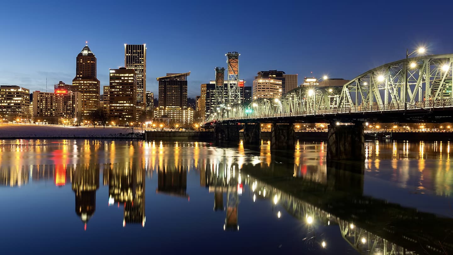 Beautiful view of Portland, Oregon showing the cityscape, bridges, and natural landscape